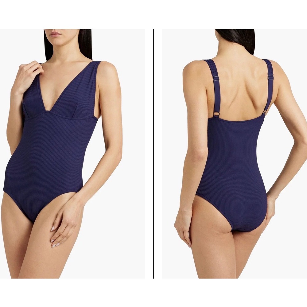 Zimmermann Ribbed One Piece Swimsuit 3 Navy Blue Plunge V Neck Luxury Swimwear
